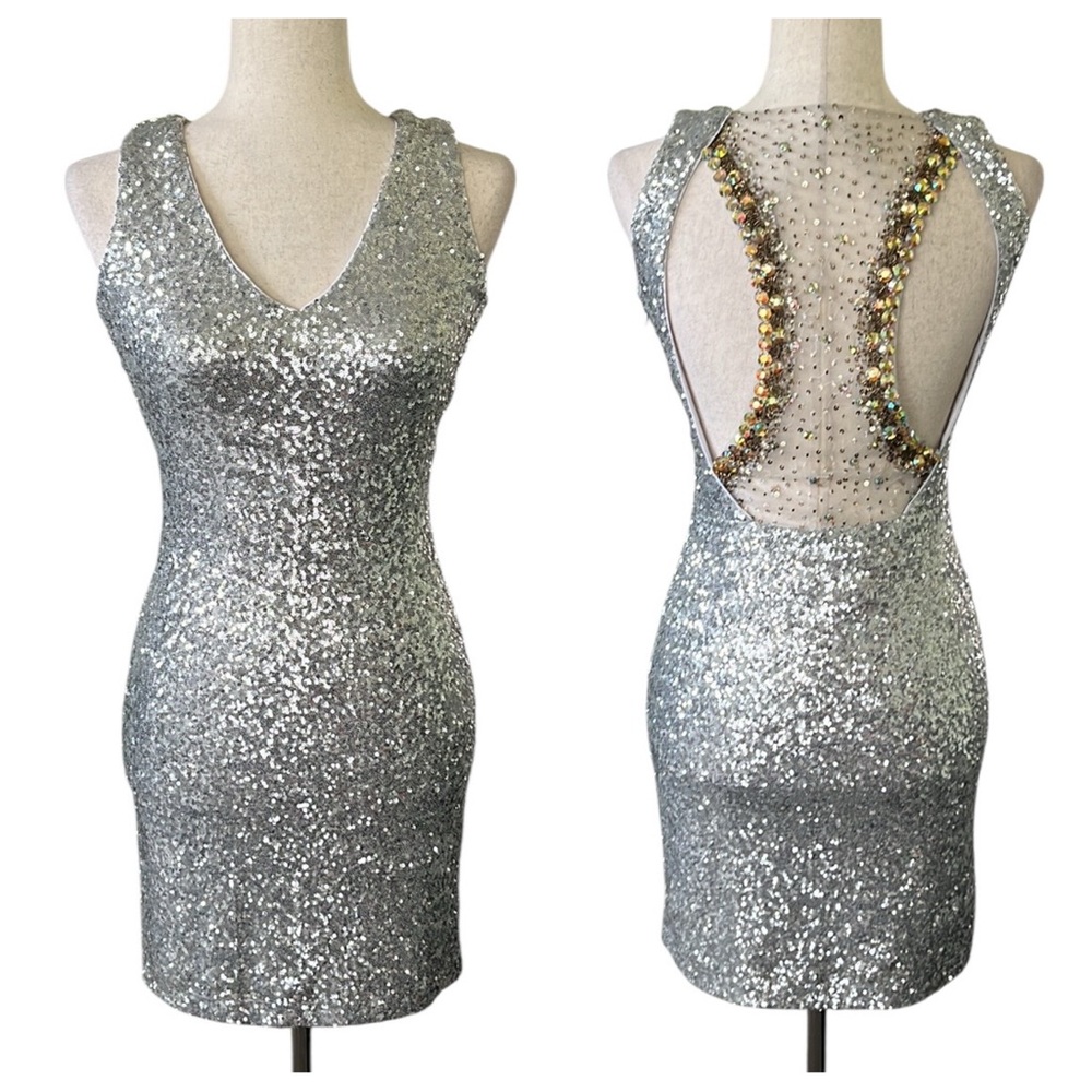 Get Lucky USA Silver Sequined Cocktail Dress with Embellished Racerback
